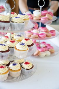 Cake stand with cupcakes and macaroons