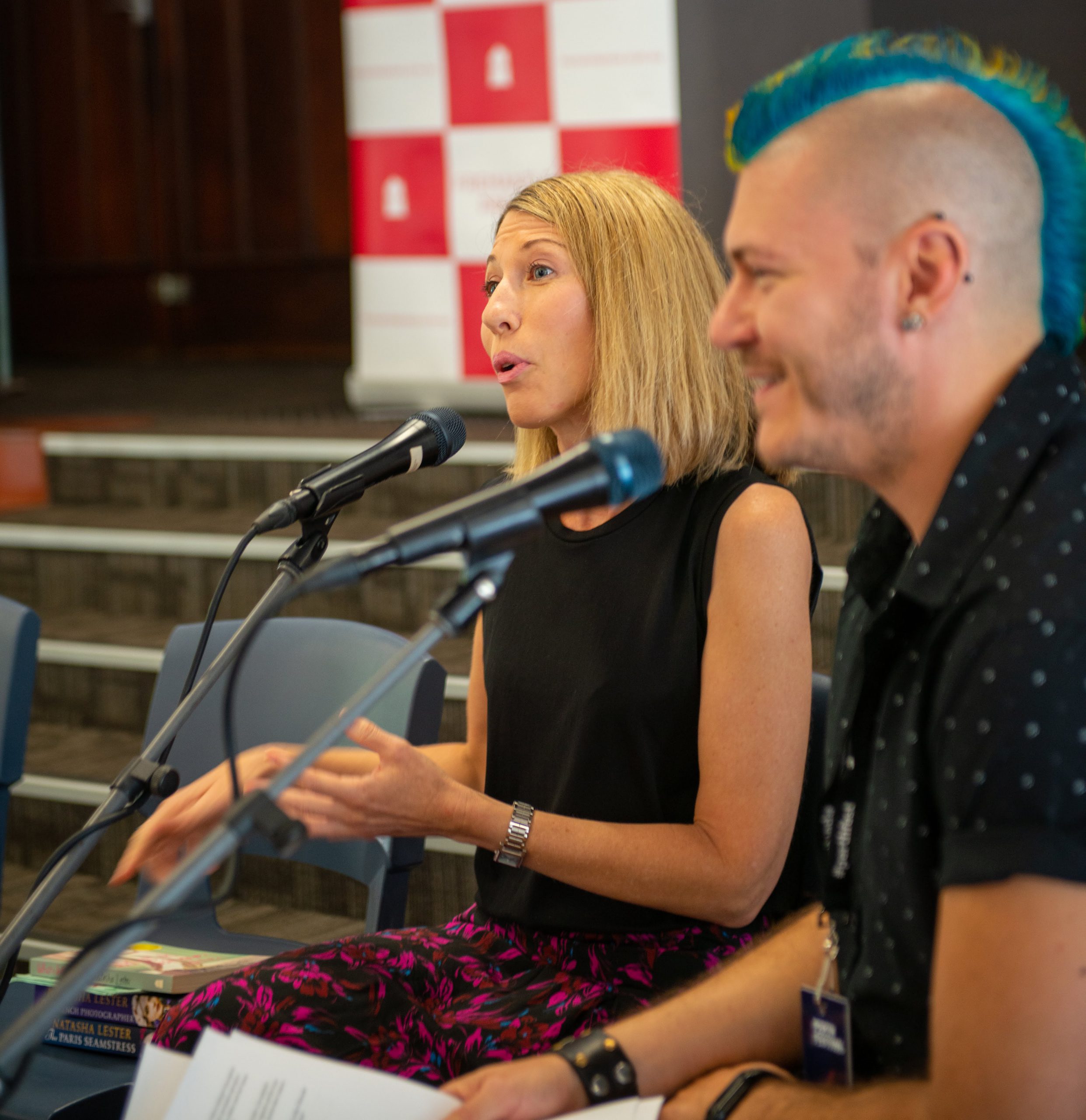 Photo of Natasha Lester and Holden Sheppard speaking at a panel