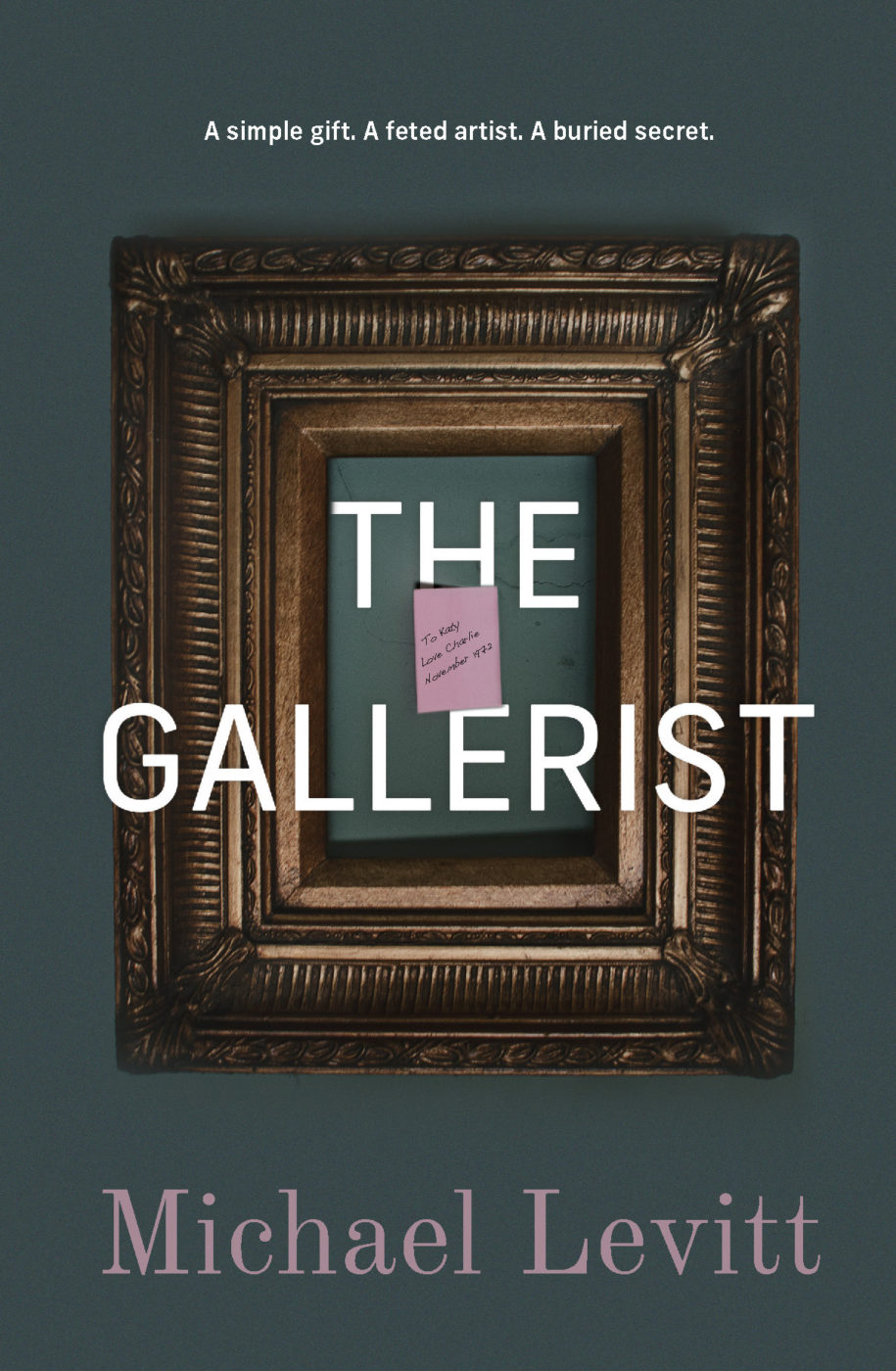 Image of book cover The Gallerist with a picture frame with a sticky note in the centre.