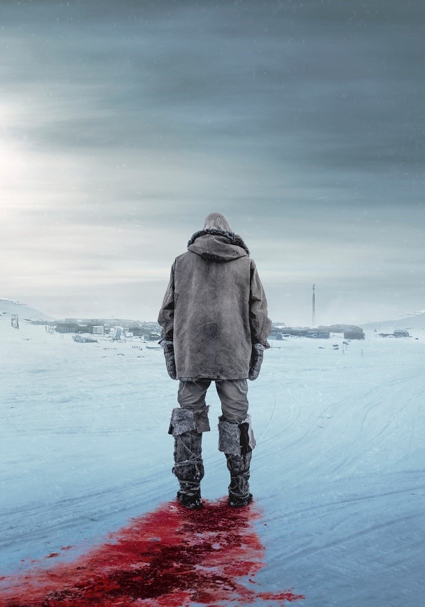 Image of man facing away from camera standing in snow with a trail of blood behind him.