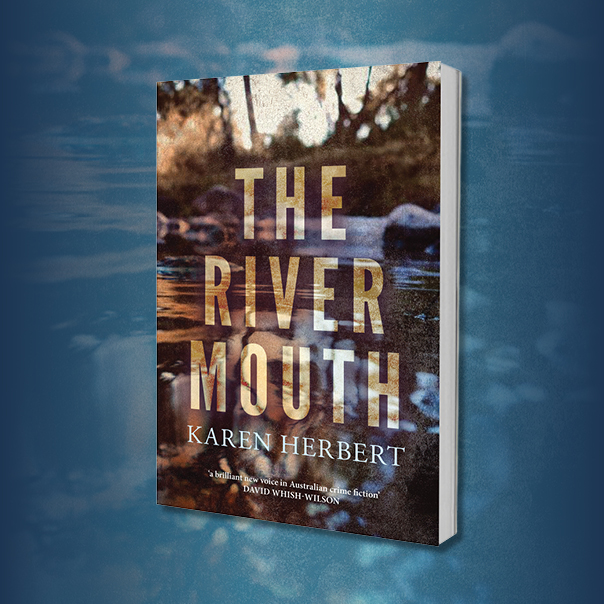 Image of book cover The River Mouth by Karen Herbert. Image is of a lake.