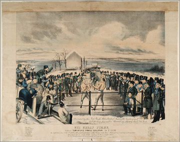 An image of a boxing ring with two fighters surrounded by a crowd.