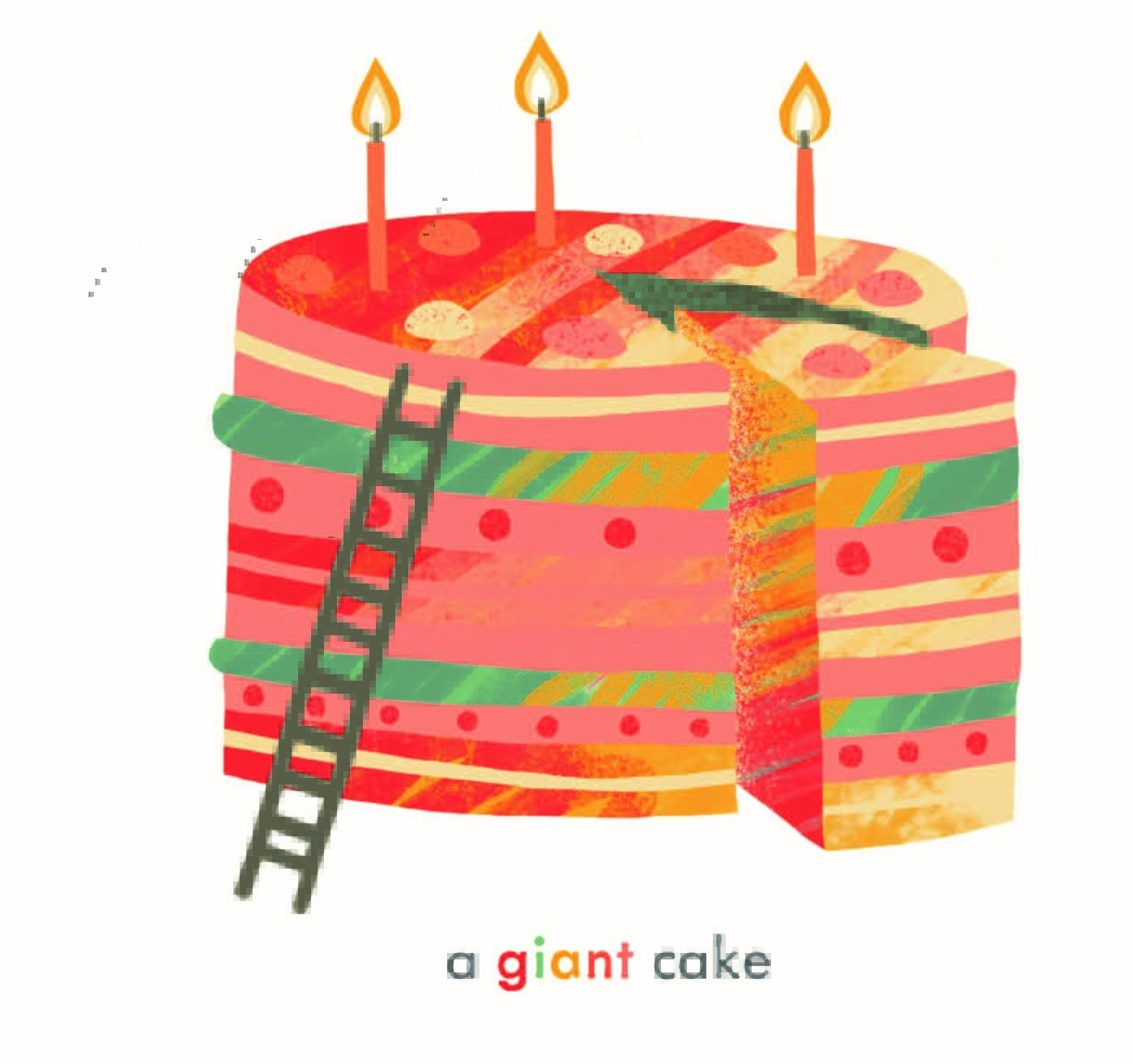 An image of a orange and pink illustrated cake with a slice cut out of it and a ladder leaning against it.